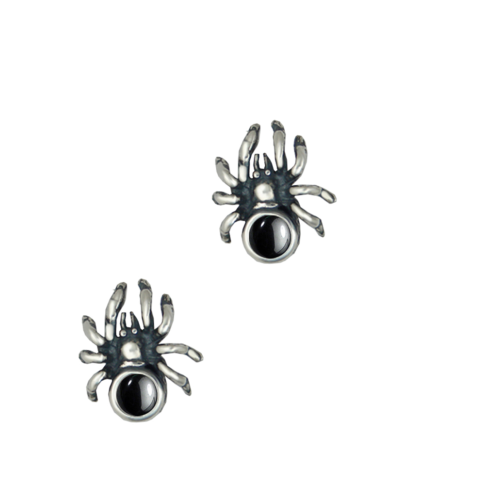 Sterling Silver Small Spider Post Stud Earrings With Hematite